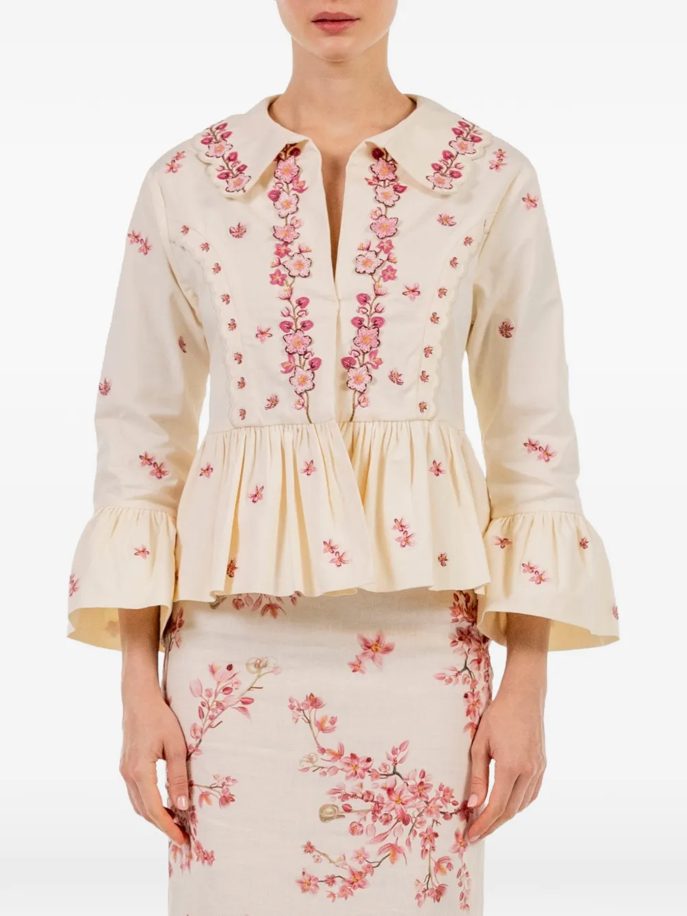 Agua by Agua Bendita Silene Cauca Embroidered Peplum Blazer in Neutrals, view 5