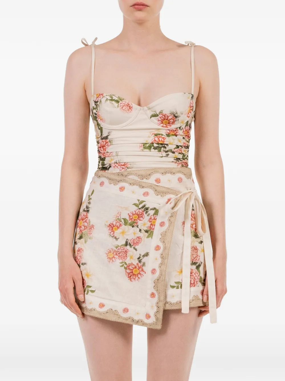Agua By Agua Bendita Luna Paraiso Floral-print Linen Asymmetric Skirt in Neutrals, view 5