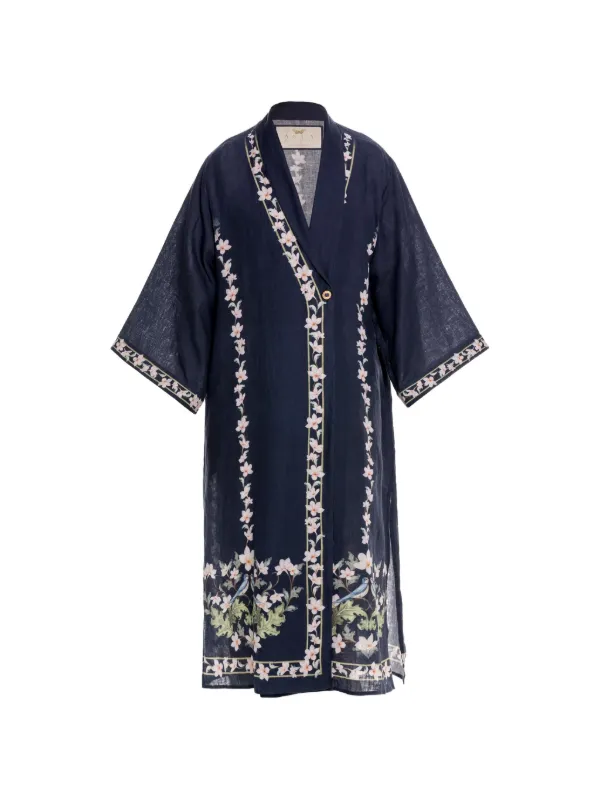 Agua by Agua Bendita Quimera Anhelo Floral-print Linen Midi Kaftan in Blue