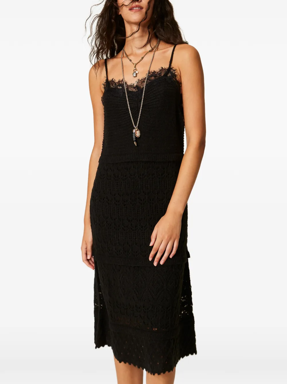 TWINSET recycled yarn long knit dress with lace - Nero