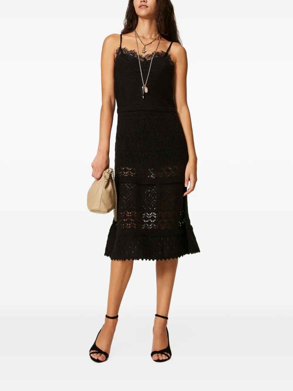 TWINSET Gerecycled gebreide maxi-jurk met kant Zwart