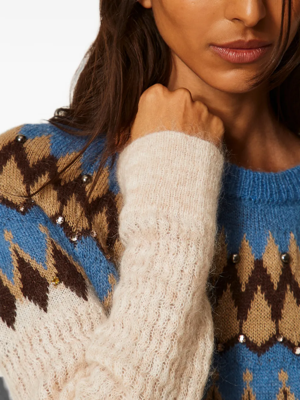 TWINSET Gebreide trui verfraaid met kristallen en jacquard Beige