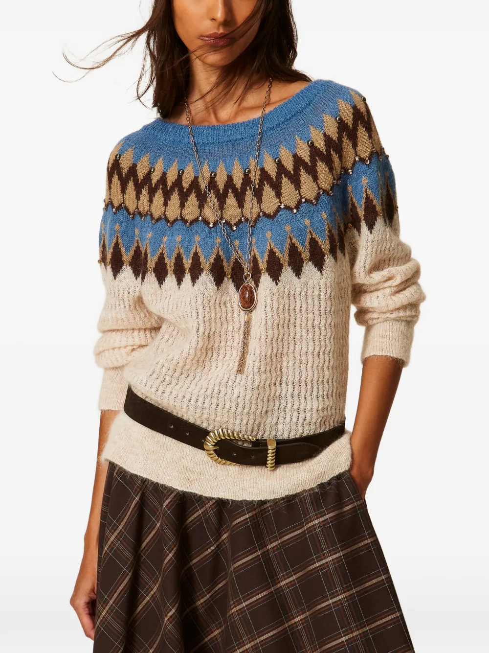 TWINSET Gebreide trui verfraaid met kristallen en jacquard Beige