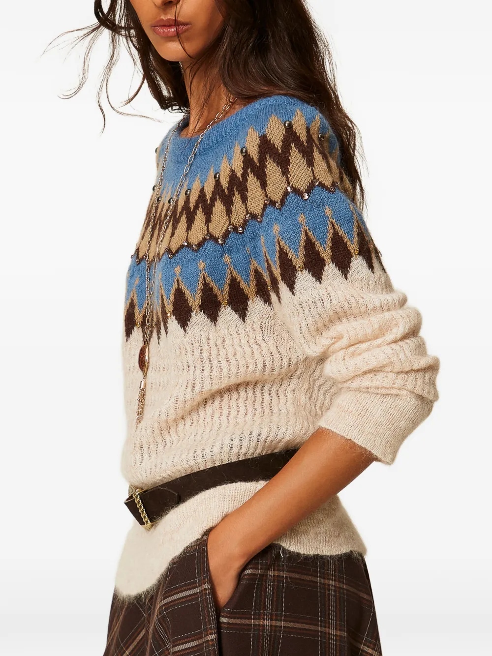 TWINSET Gebreide trui verfraaid met kristallen en jacquard Beige