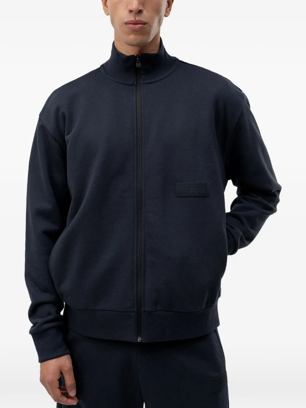 BOSS Sweater met logopatch en rits Blauw