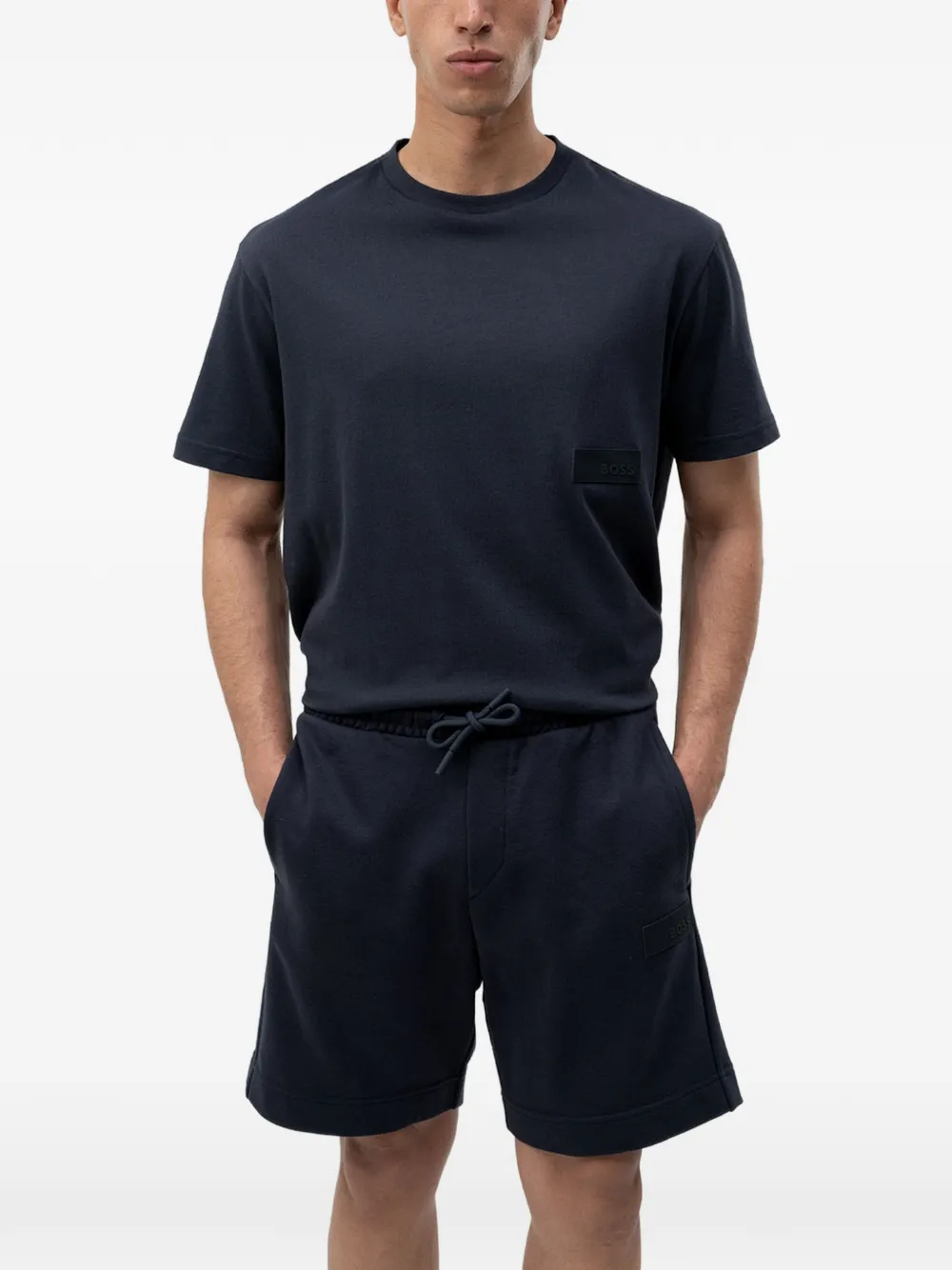 BOSS logo-patch drawstring-waist shorts Blauw