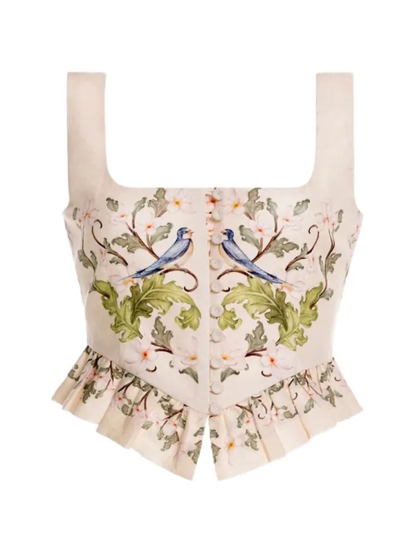 Agua by Agua Bendita Eslabón Anhelo Ruffled Floral-print Top in Neutrals