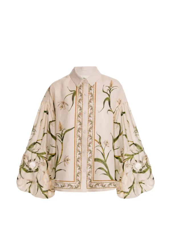 Agua by Agua Bendita Agar Azucar Floral-print Puff-sleeve Shirt in White