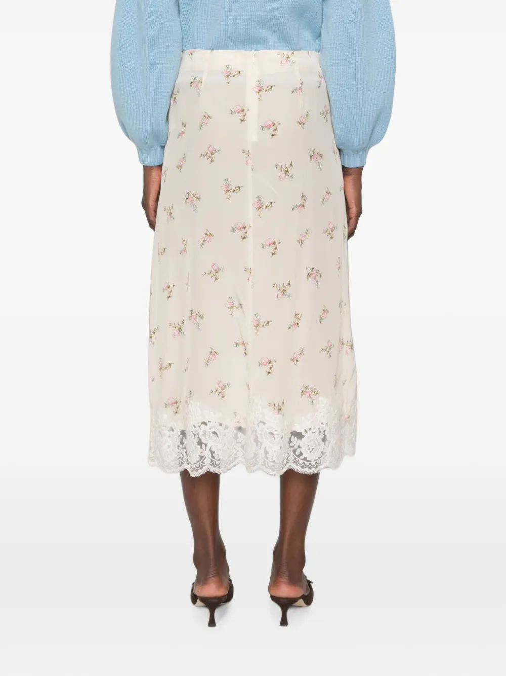 P.A.R.O.S.H. Spano midi-rok met bloemenprint en kanten afwerking Beige