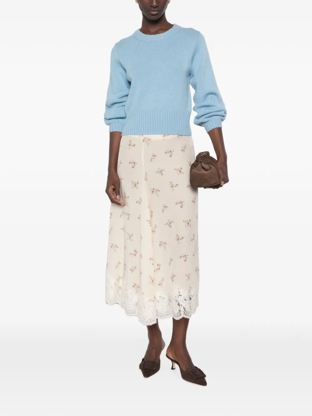 P.A.R.O.S.H. Spano midi-rok met bloemenprint en kanten afwerking Beige