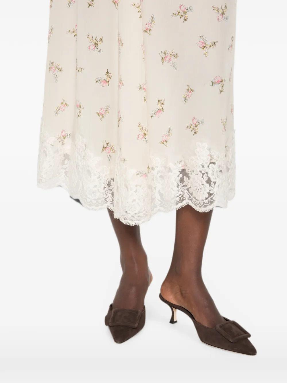 P.A.R.O.S.H. Spano midi-rok met bloemenprint en kanten afwerking Beige