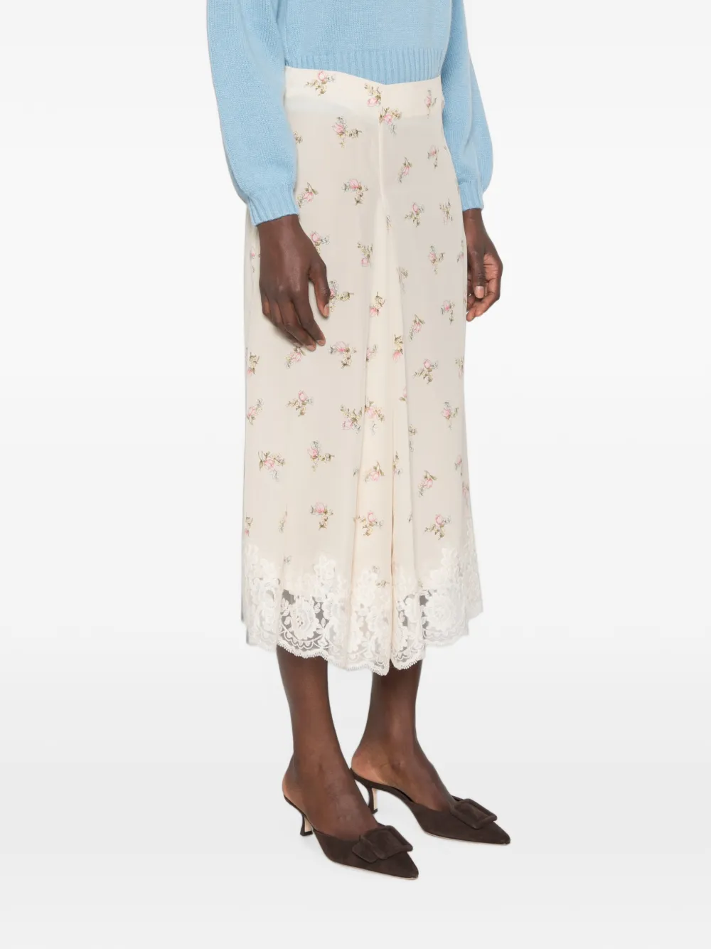 P.A.R.O.S.H. Spano midi-rok met bloemenprint en kanten afwerking Beige