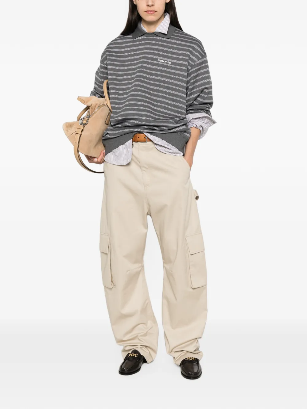 Miu Miu horizontal-stripe polo-collar sweater - Grigio