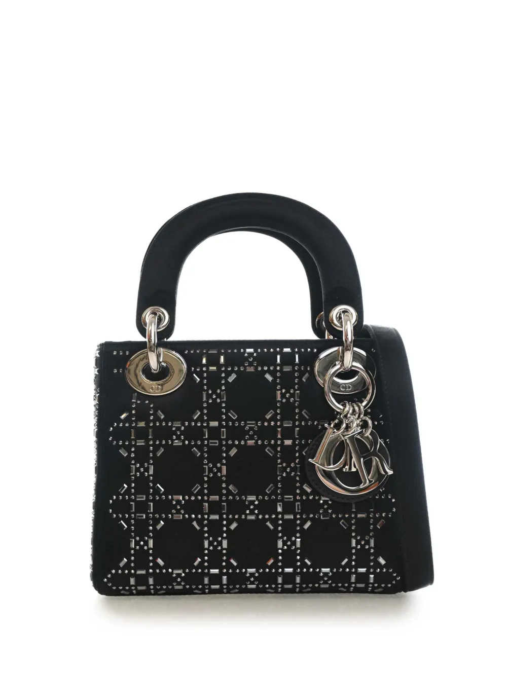 Pre-owned Dior 2017 Mini Satin Cannage Crystal Embellished Lady  Satchel In Black