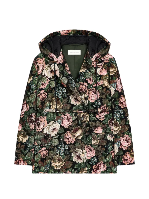 Dries Van Noten Hooded Floral Peacoat in Black