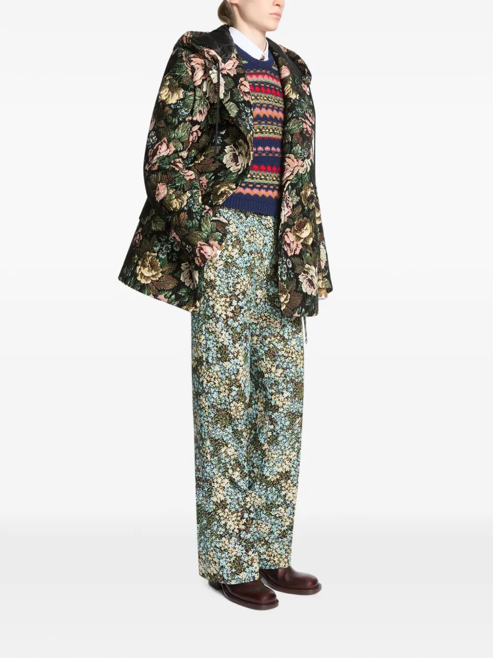 DRIES VAN NOTEN Sailorjas met capuchon en bloemen-print Zwart