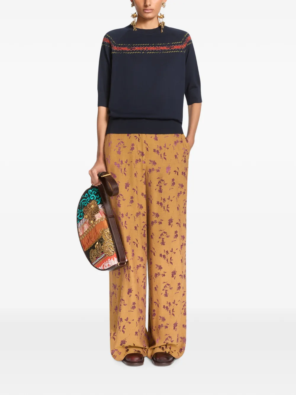 DRIES VAN NOTEN Broek met wijde pijpen en jacquard Geel