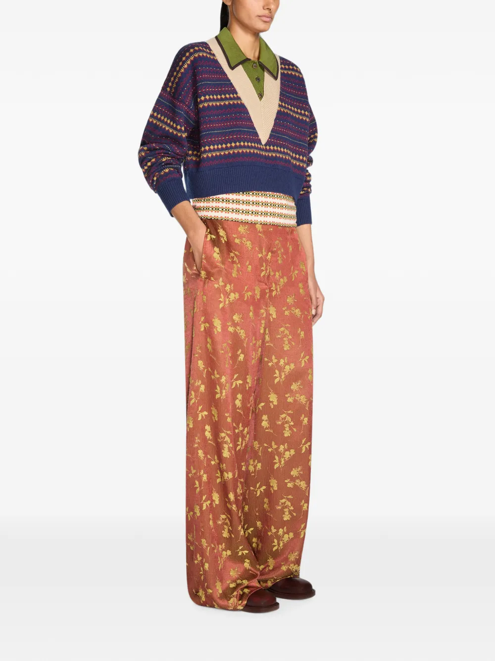 DRIES VAN NOTEN Broek met wijde pijpen en jacquard Bruin