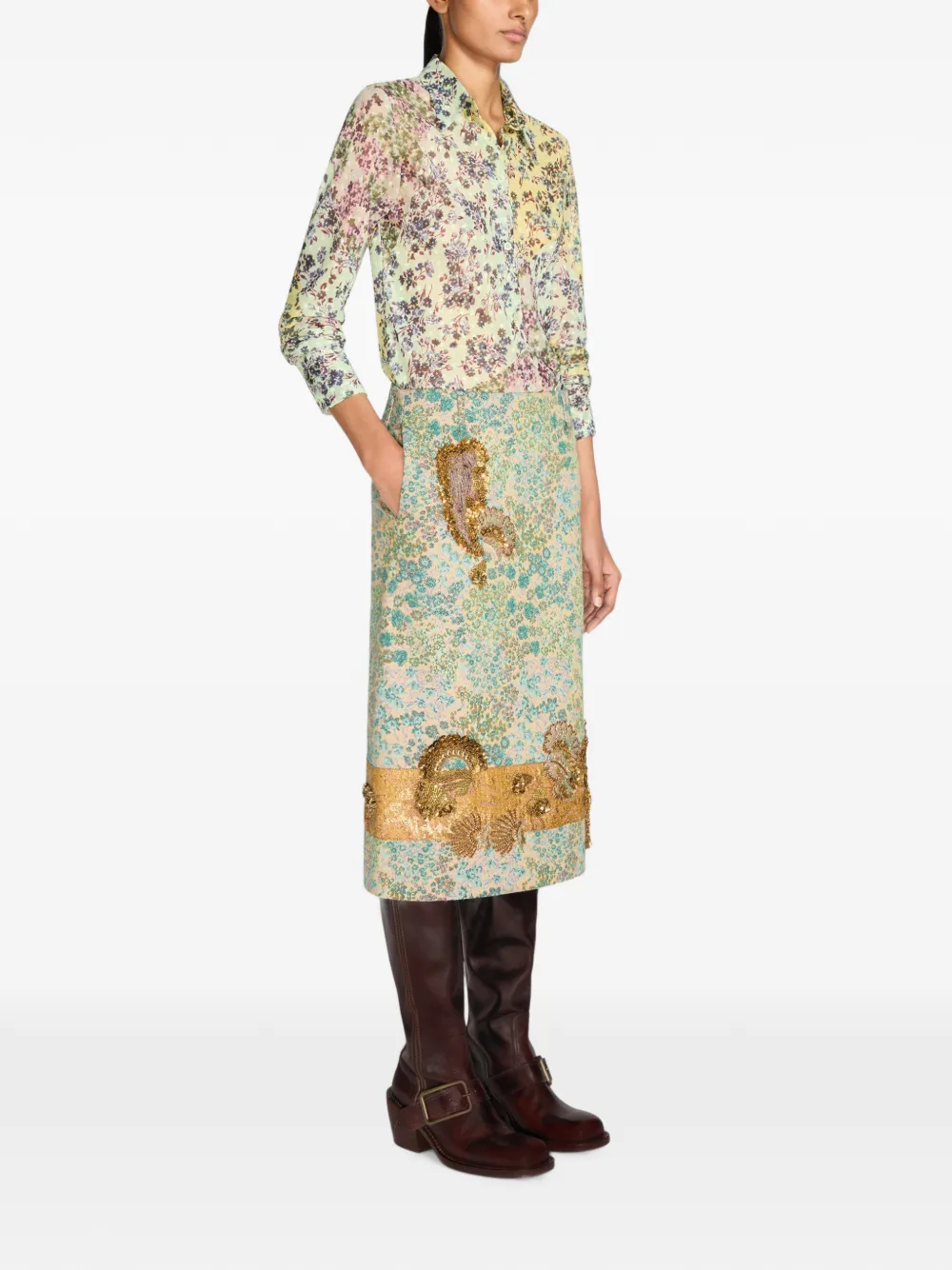 DRIES VAN NOTEN Rok met geborduurde bloemen Beige