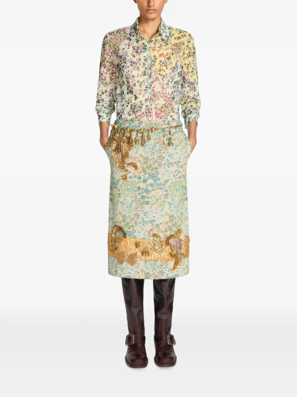 DRIES VAN NOTEN Rok met geborduurde bloemen Beige