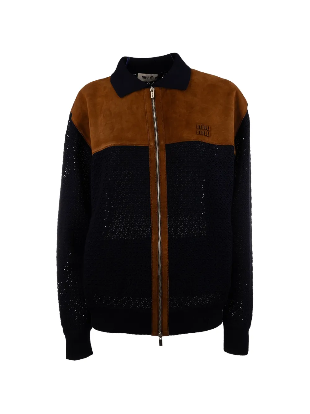 Miu Miu suede-panel crochet-knit cardigan - Blau
