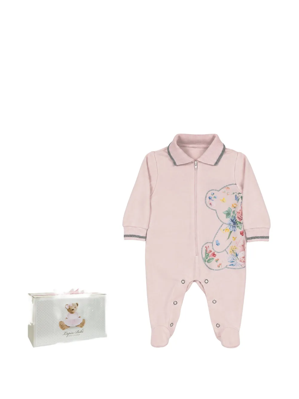 Lapin House Romper met bloemen-print en beer-patroon Roze