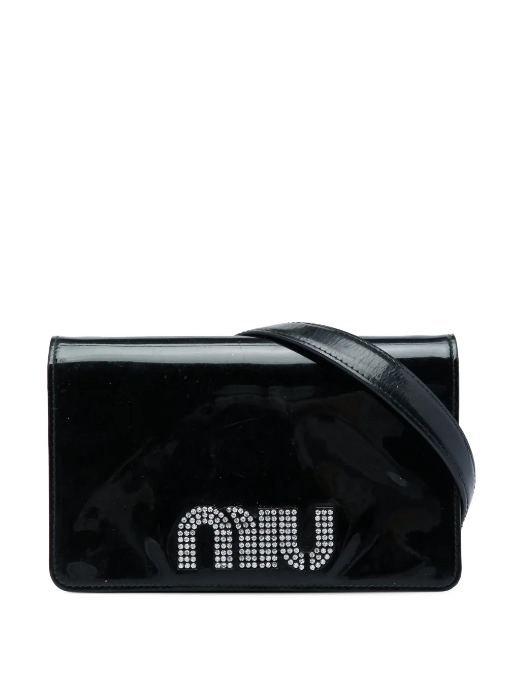 Pre-owned Miu Miu 2010-2026 Patent Crystal Embellished Logo Wallet On Chain Crossbody Bag In Black