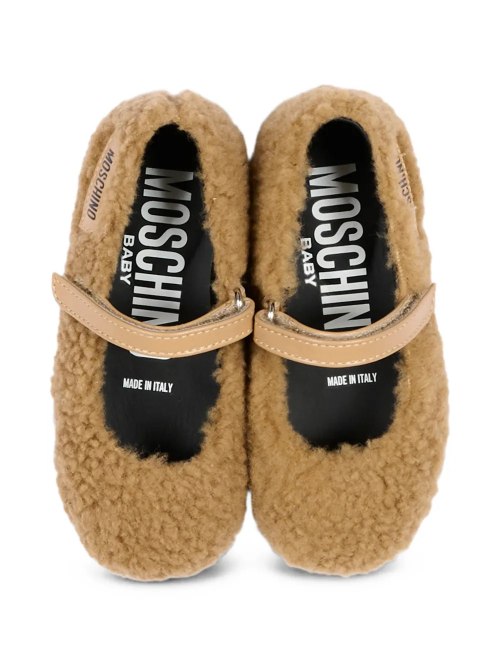 Moschino Kids logo-patch faux-shearling ballet flats Beige
