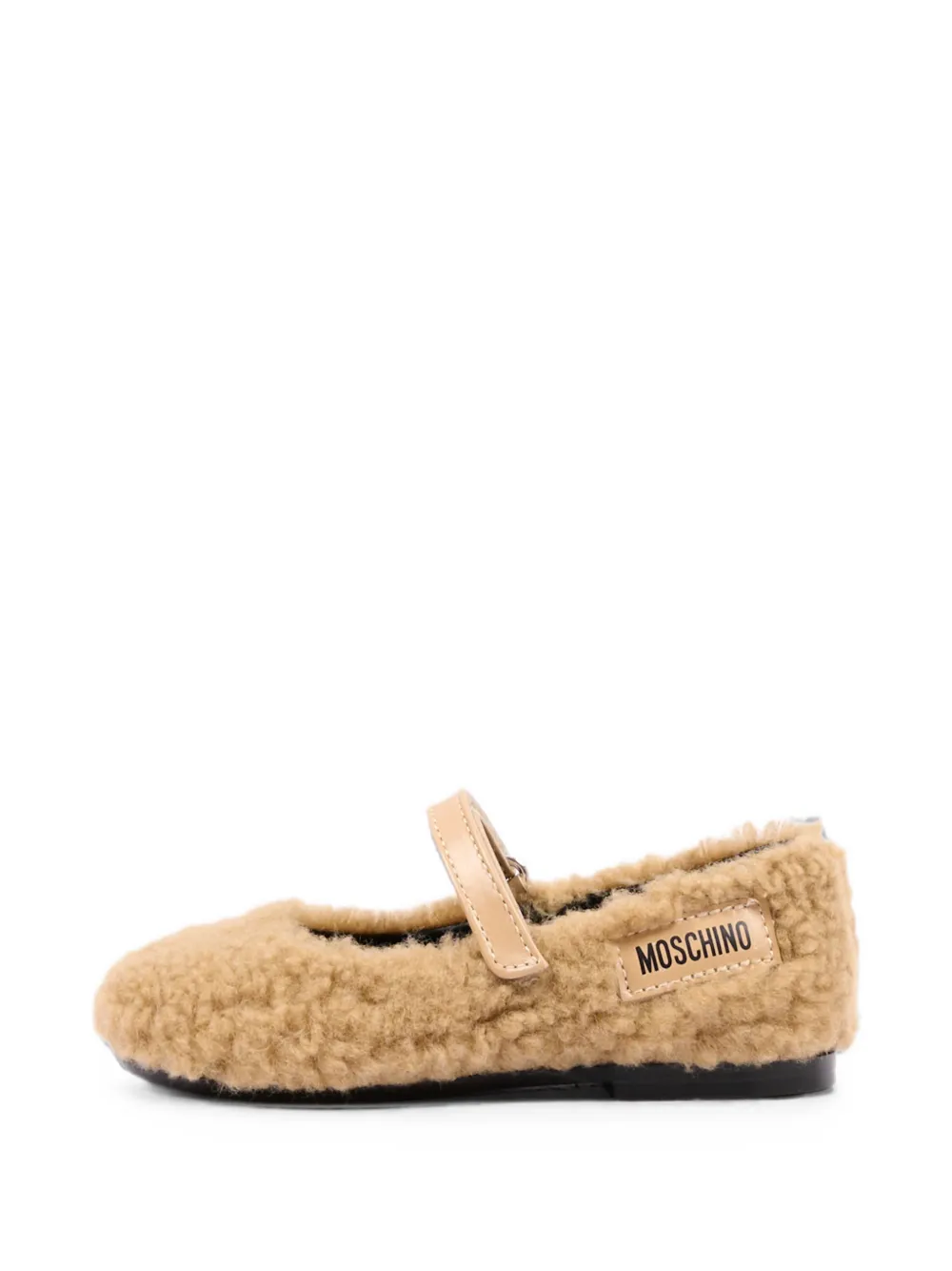 Moschino Kids logo-patch faux-shearling ballet flats Beige