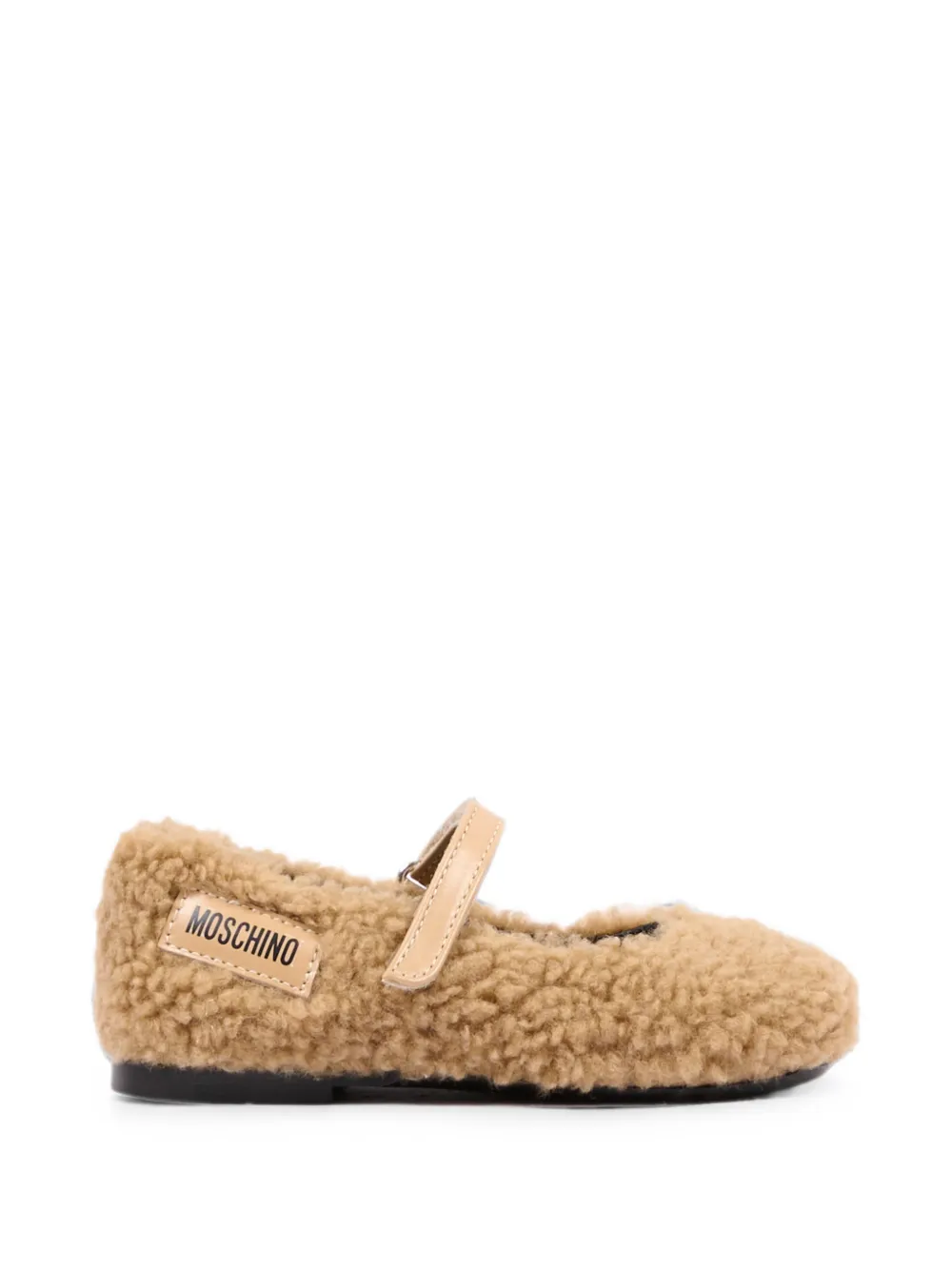 Moschino Kids logo-patch faux-shearling ballet flats - Toni neutri