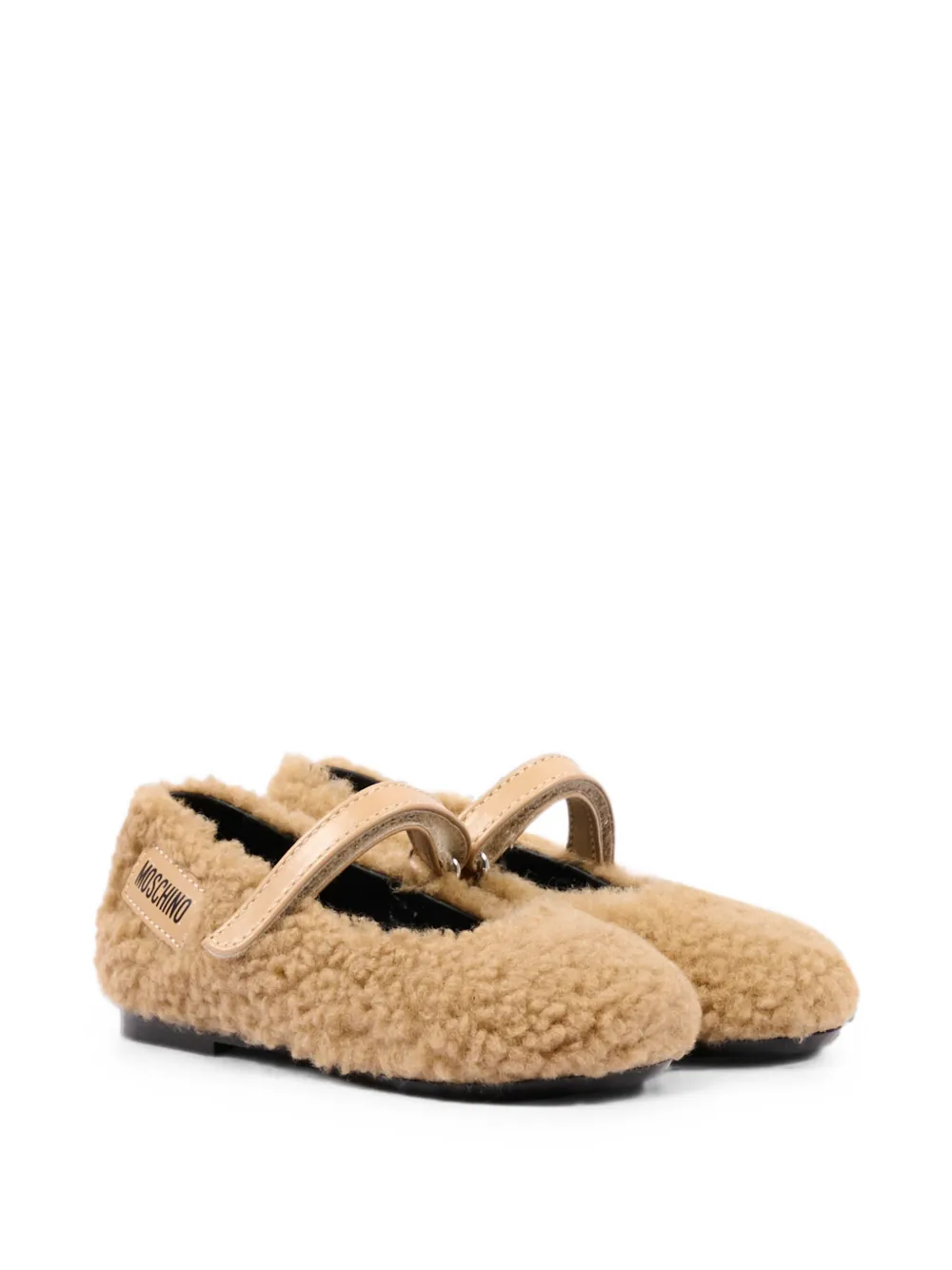 Moschino Kids logo-patch faux-shearling ballet flats Beige