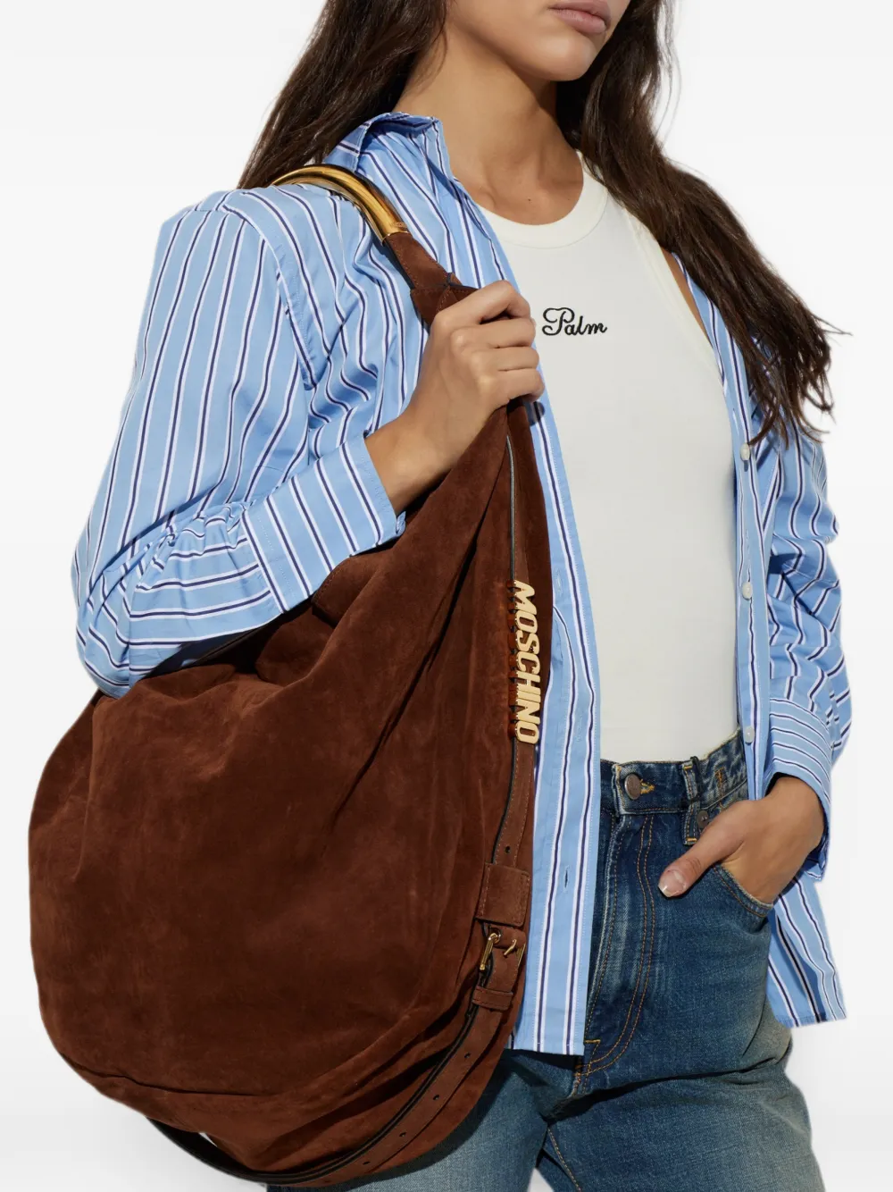 Moschino Handle Me grote suède schoudertas Bruin