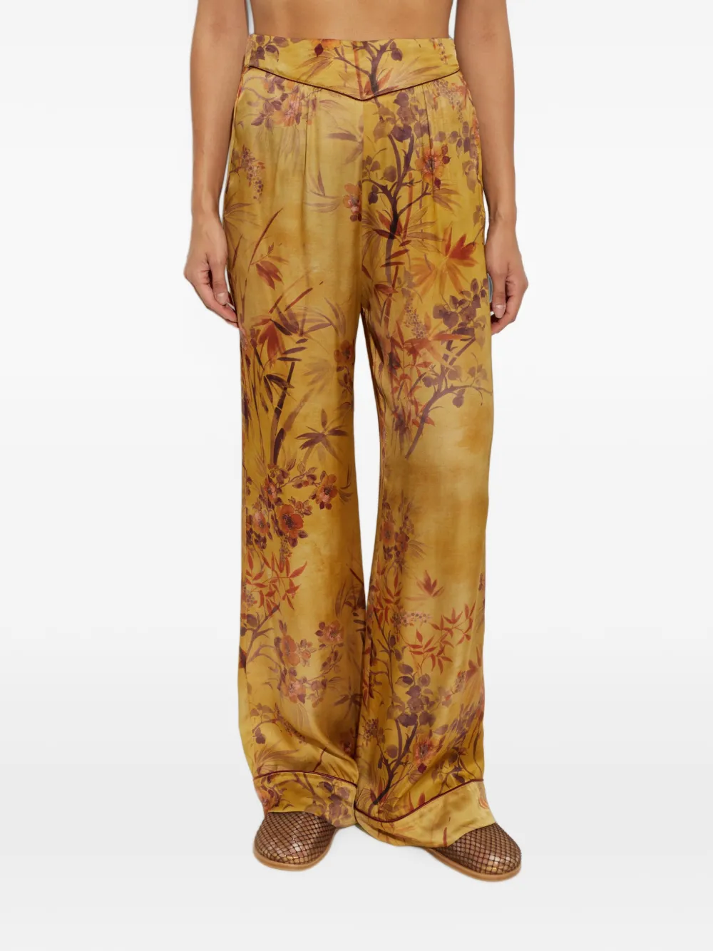 Forte Broek met wijde pijpen en botanisch patroon Geel