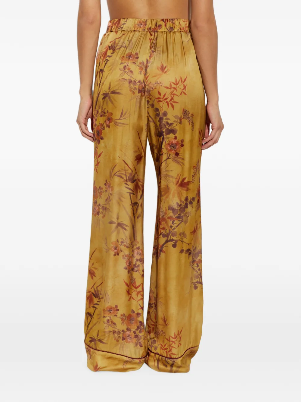 Forte Broek met wijde pijpen en botanisch patroon Geel