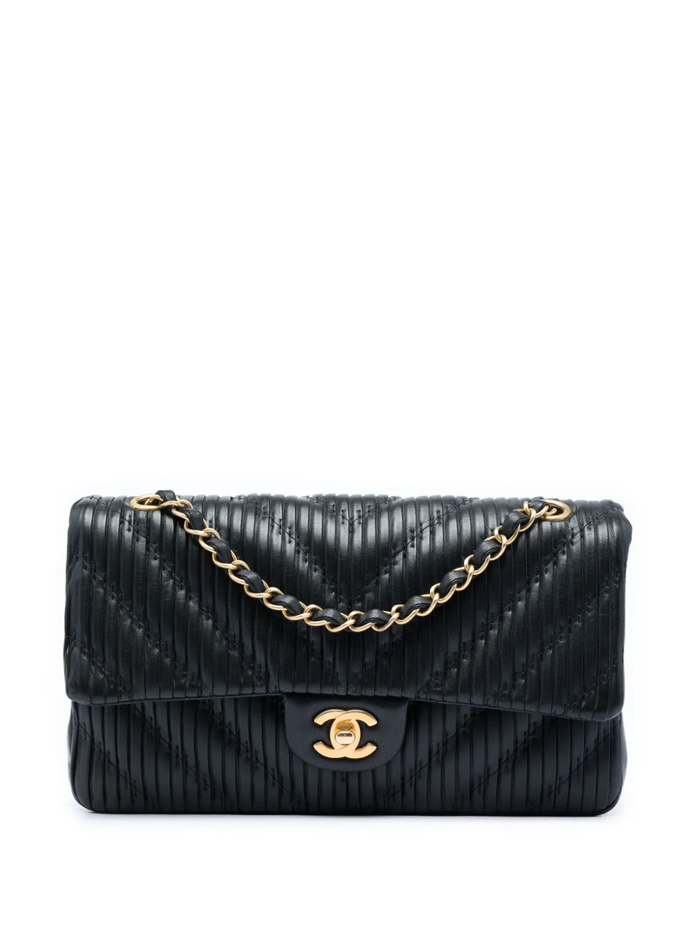 CHANEL Pre-Owned 2018 Medium Classic Chevron Calfskin Pleated Double Flap shoulder bag - Black