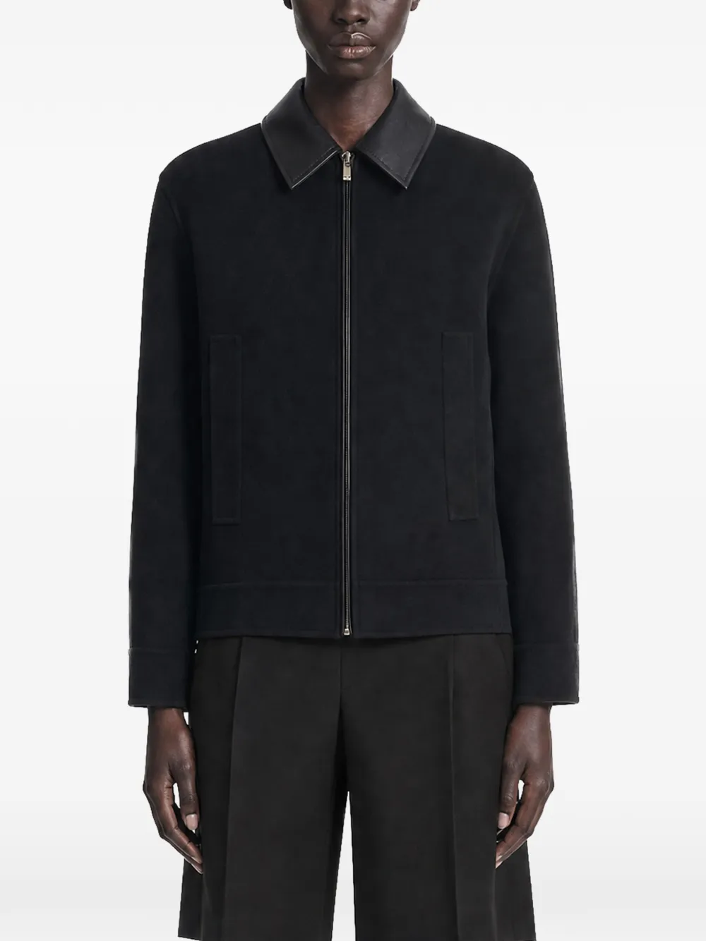 Max Mara leather-trim zip-up jacket - Nero