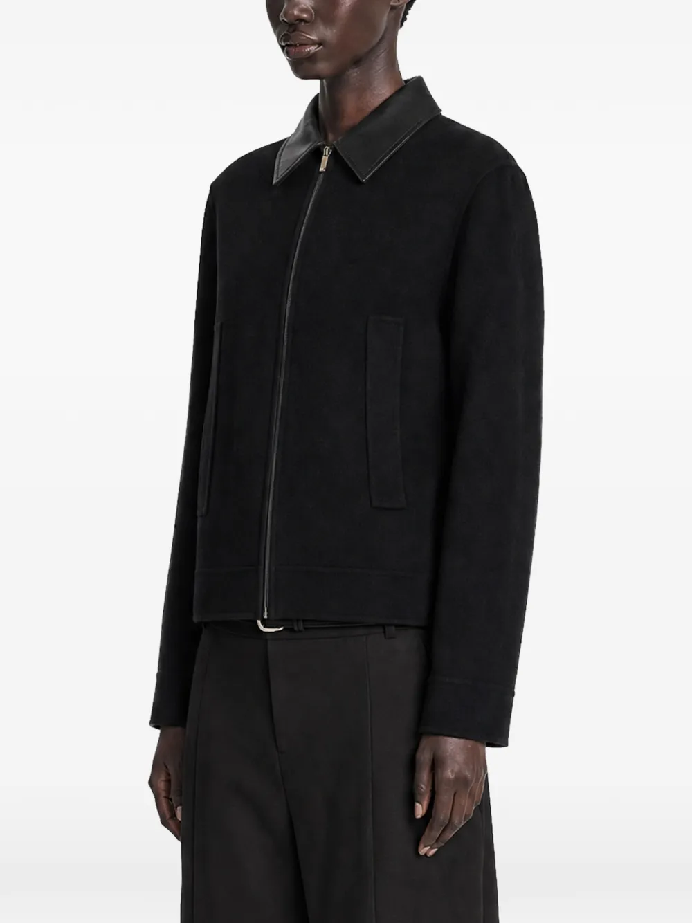 Max Mara leather-trim zip-up jacket Zwart