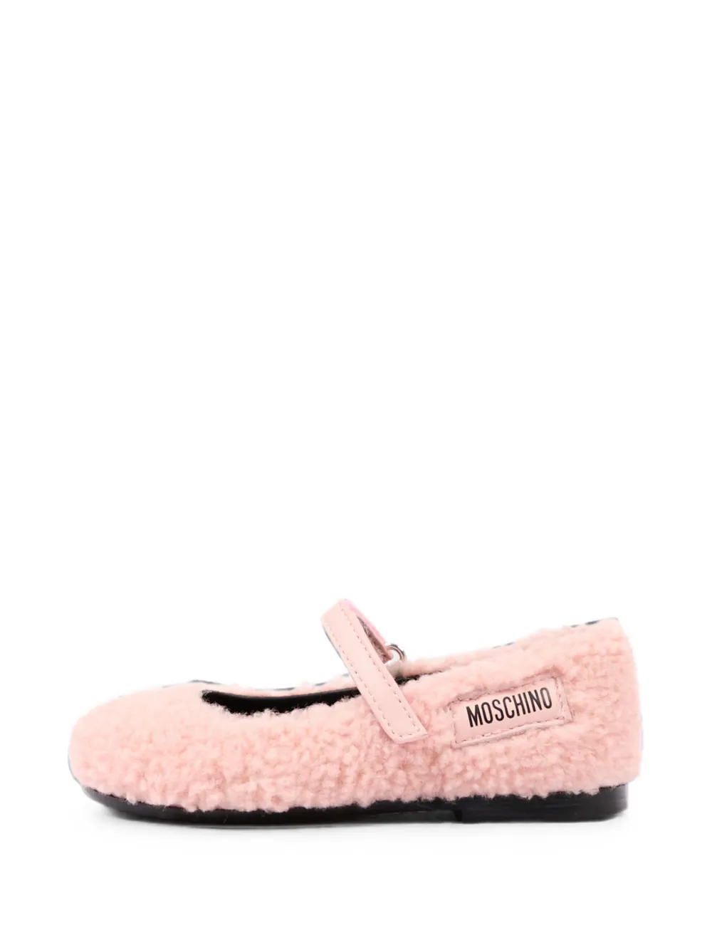 Moschino Kids logo-patch faux-shearling ballet flats Roze