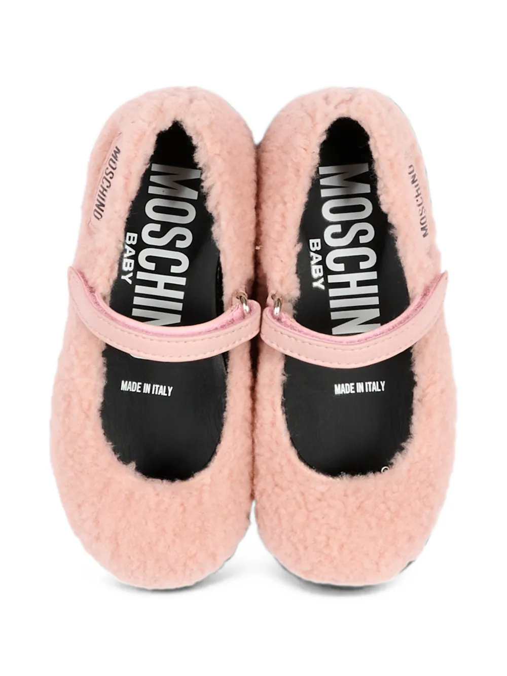 Moschino Kids logo-patch faux-shearling ballet flats Roze