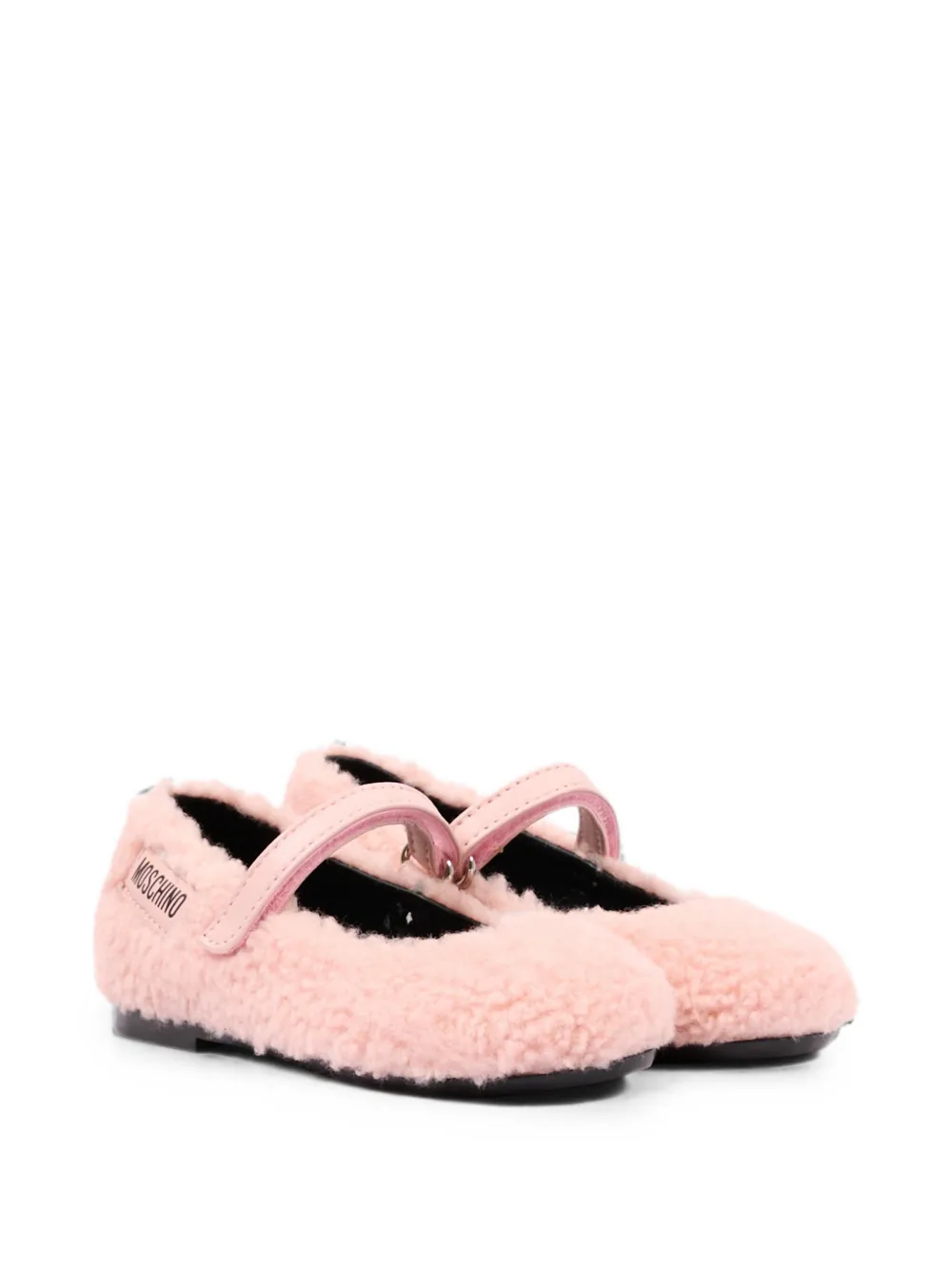 Moschino Kids logo-patch faux-shearling ballet flats Roze