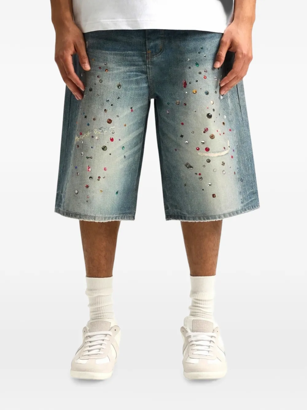 Purple Brand Denim shorts verfraaid met kristallen en digitale print Blauw