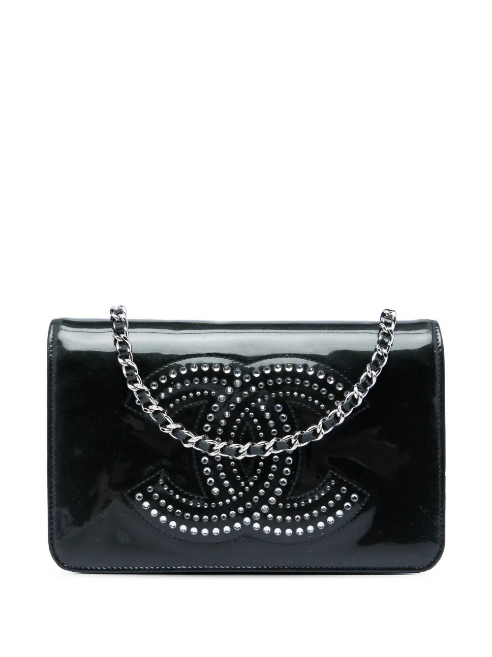 CHANEL Pre-Owned 2009-2010 CC Patent Strass Embellished Wallet On Chain crossbody bag - Black