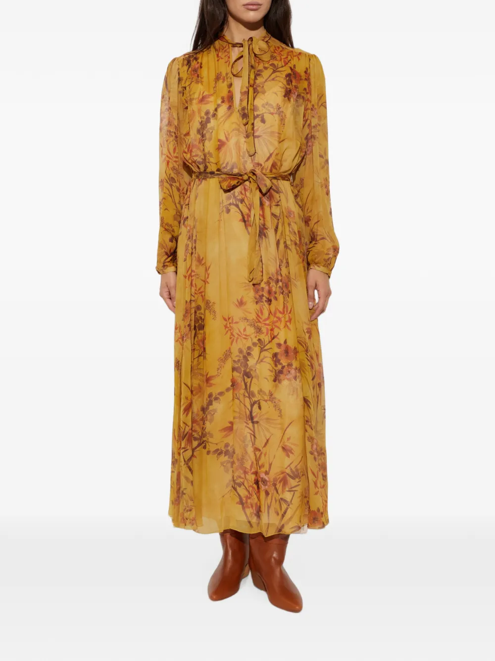 Forte Maxi-jurk met gestrikte hals en botanisch patroon Geel