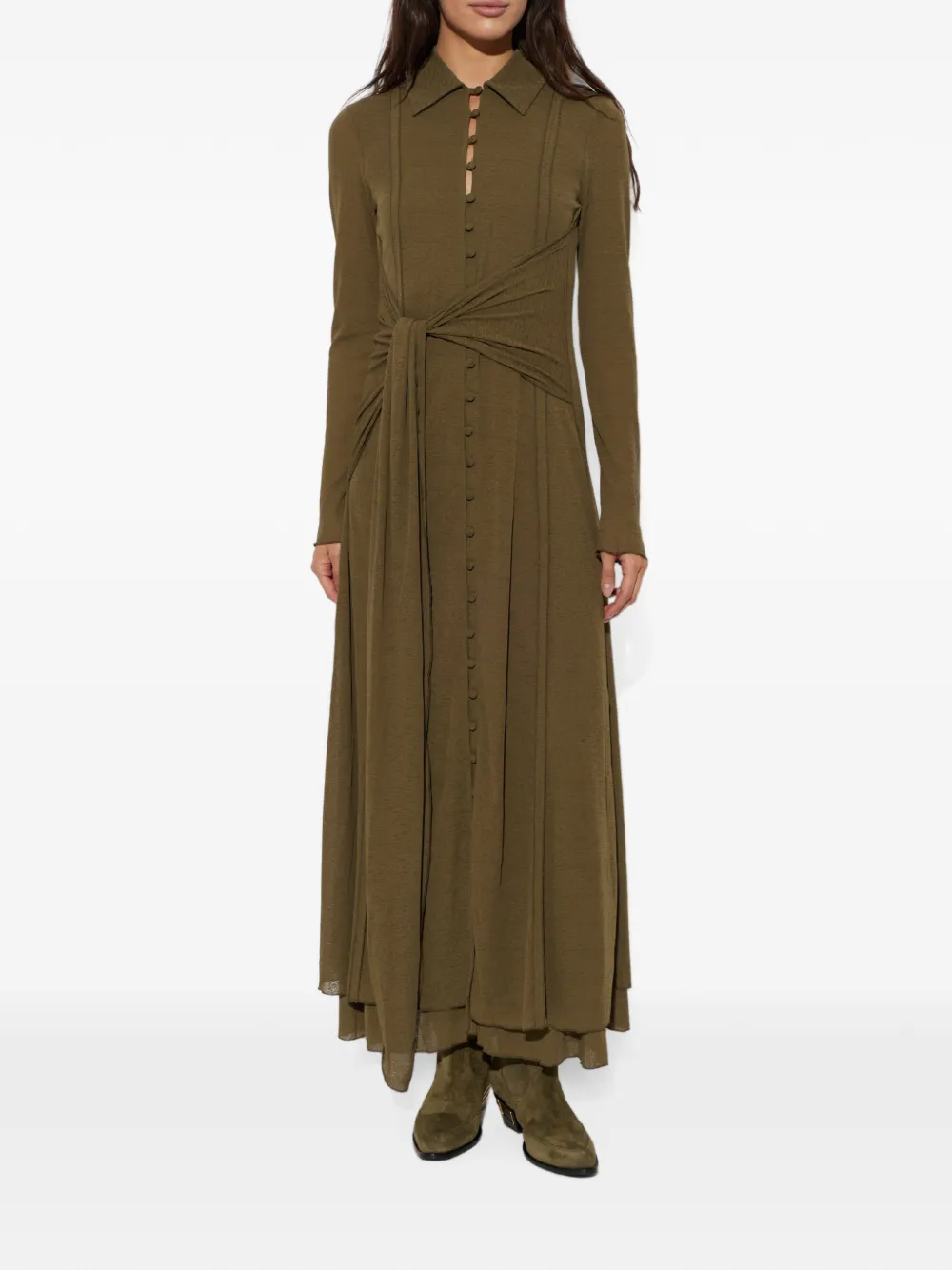 GANNI Button-down maxi-jurk met gestrikte taille Groen
