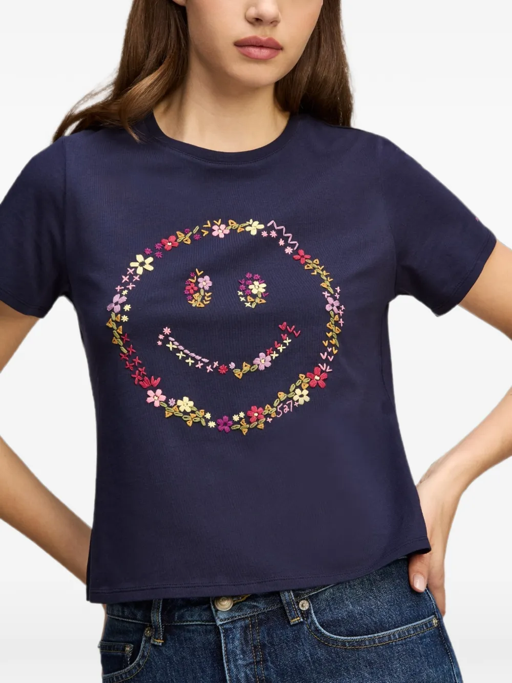 Cinq A Sept wildflower-embroidery shrunken T-shirt Blauw