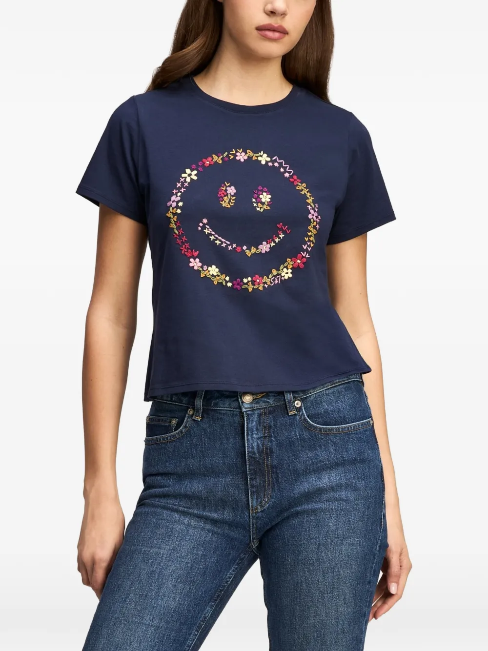 Cinq A Sept wildflower-embroidery shrunken T-shirt Blauw