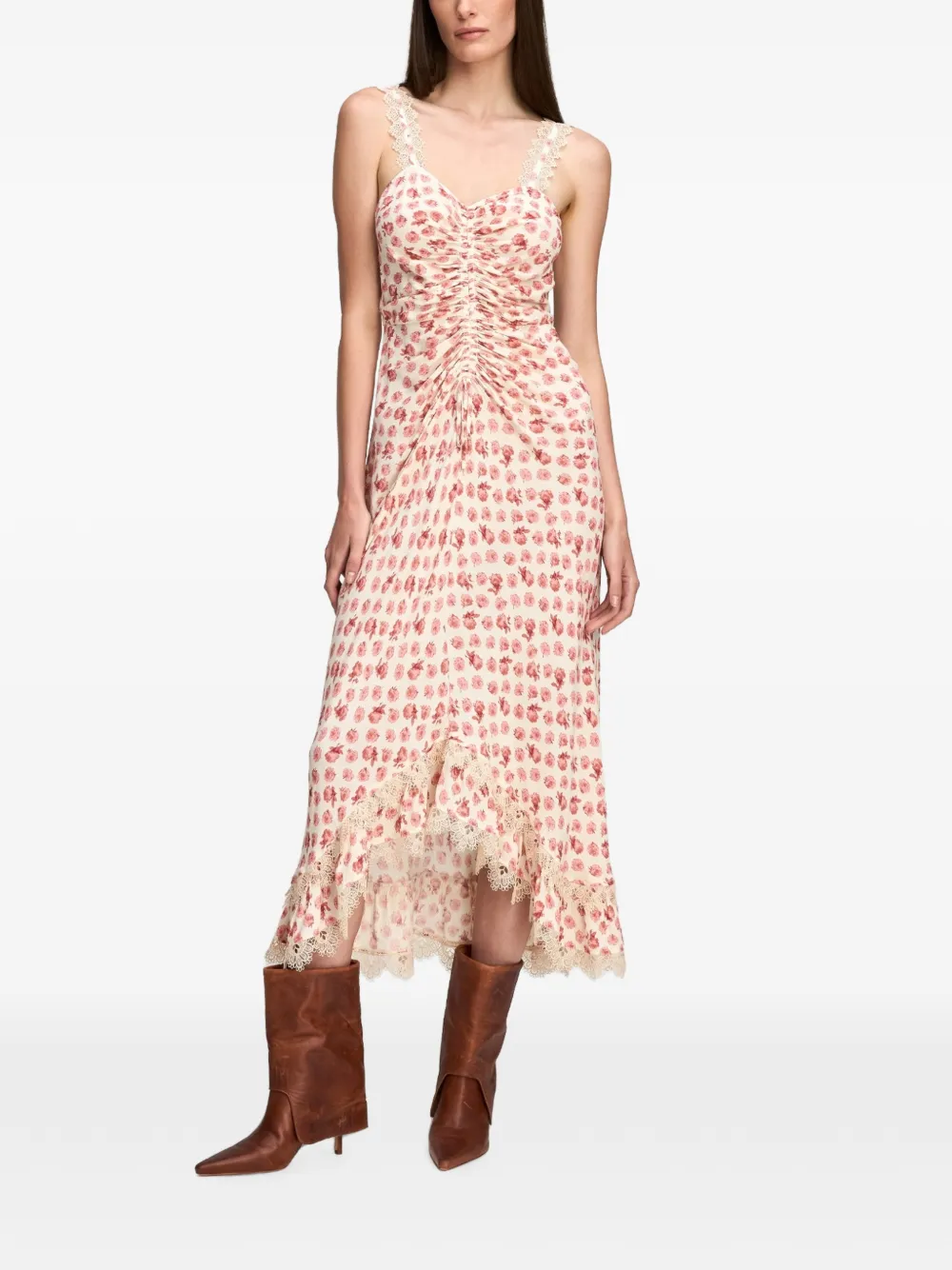 Cinq A Sept Stevie maxi-jurk met kanten afwerking en ruches Beige