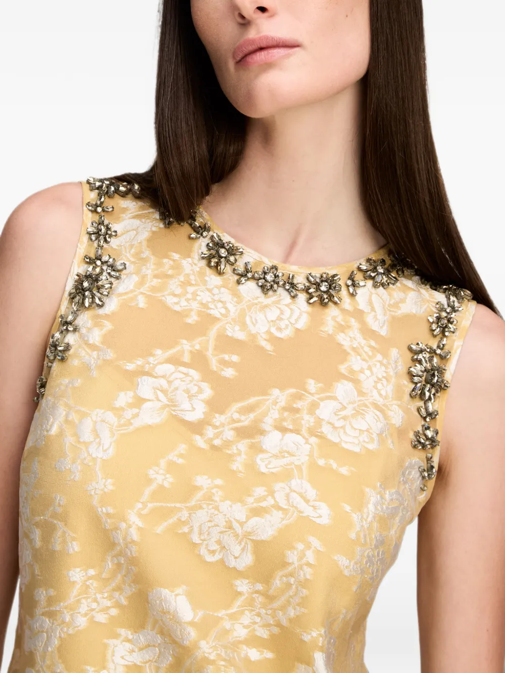 Cinq A Sept Florence midi-jurk verfraaid met kristallen en bloemen-jacquard Geel
