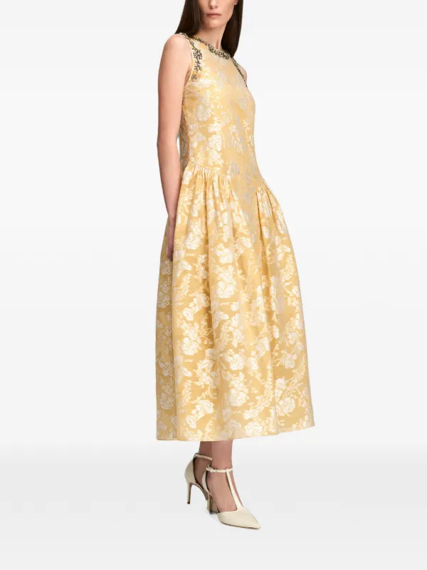 cinq a sept gold dress Florence floral-jacquard crystal-embellished Midi | Yellow amanda