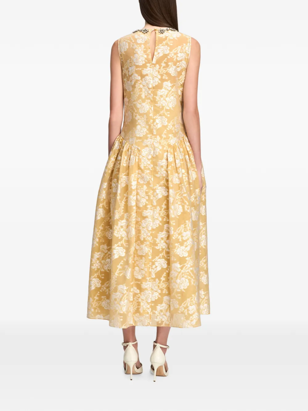 Cinq A Sept Florence midi-jurk verfraaid met kristallen en bloemen-jacquard Geel
